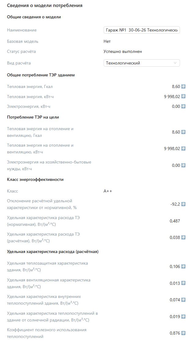Карточка модели потребления: потребление ТЭР и класс энергоэффективности здания
